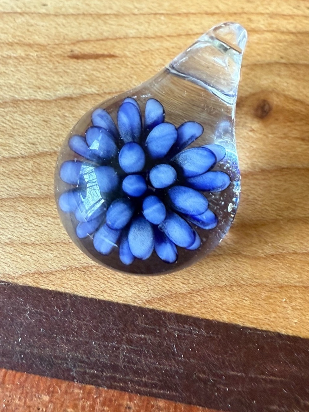Handblown Clear Glass Pendant with Blue Flower Accent - Picture 2 of 4